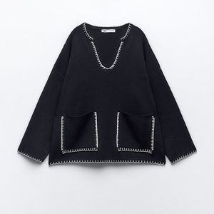 Zara Topstitched Knit Sweater in Navy Blue size Small